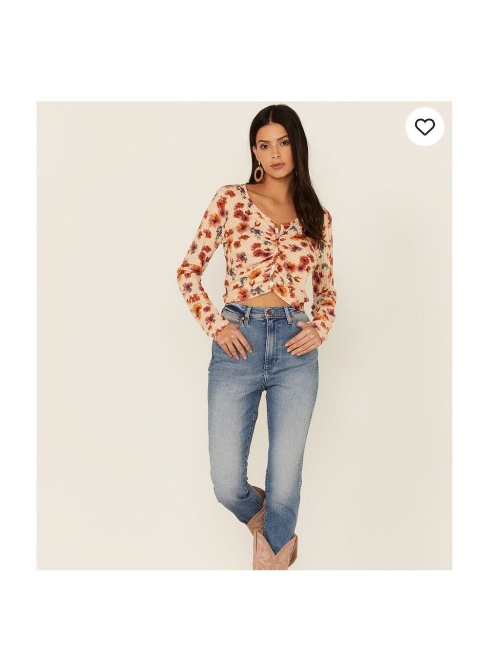 Wild Moss Women's Rust Long Sleeve Floral Button Cinch Front Knit Top